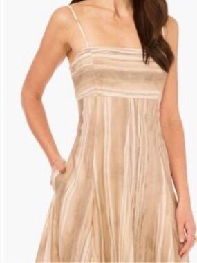 CeCe Beige and Cream Striped Spaghetti Strap Maxi Dress